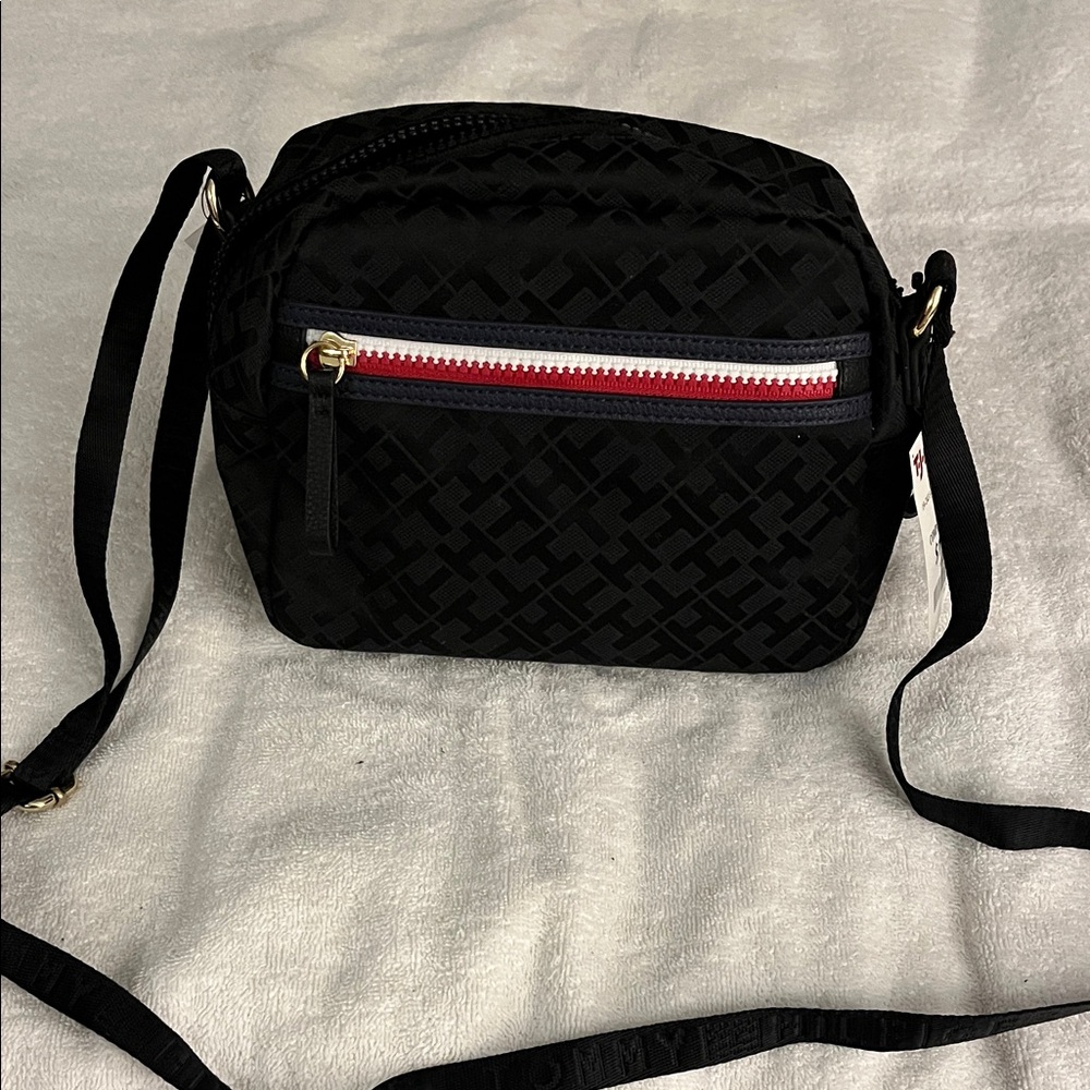 Tommy Hilfiger Black Navy Blue Crossbody Bag with Red and White Accents